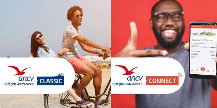 À gauche, deux personnes sur un vélo avec le logo ANCV et un chèque vacances classique en format papier. À droite, une personne tenant son téléphone affichant le logo ANCV et le chèque vacances connect.